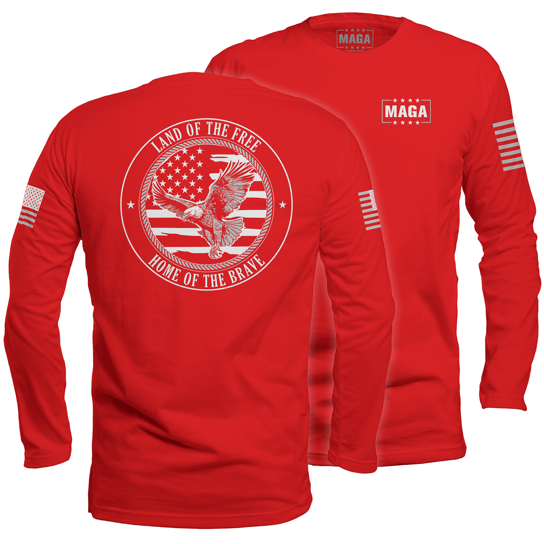 Mens Long Sleeve / Red / S Land of the Free Home of the Brave Eagle maga trump