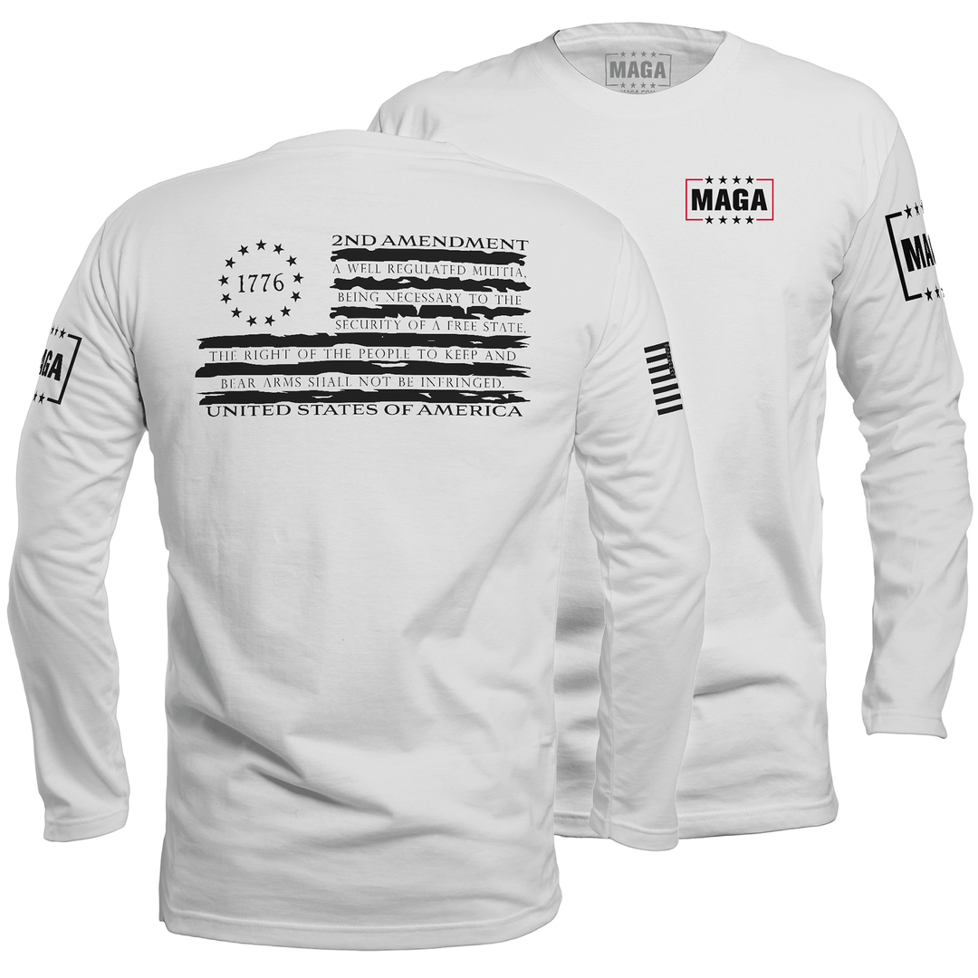 Mens Long Sleeve / White / S 1776 Betsy Tattered 2A Flag maga trump