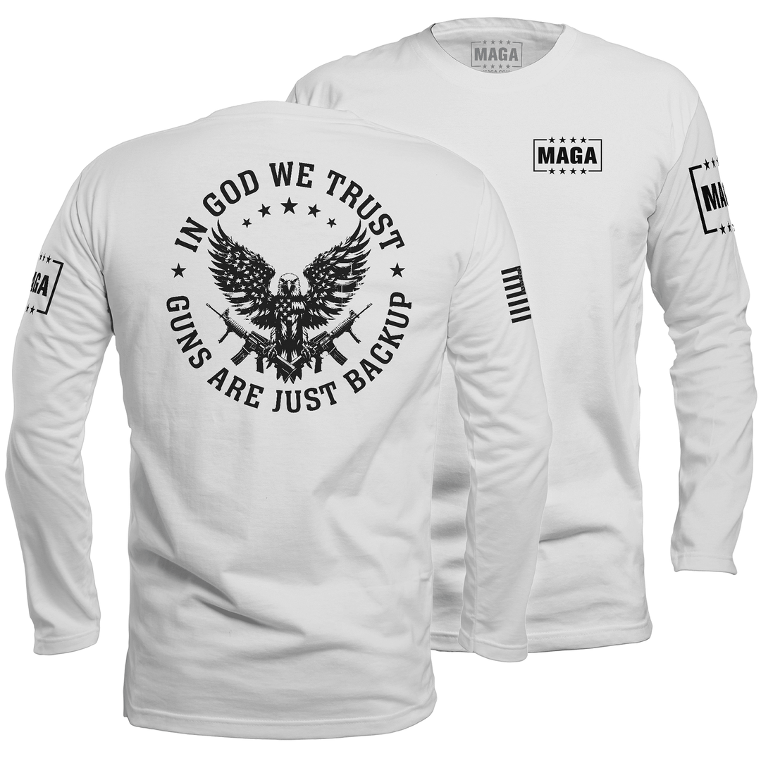 Mens Long Sleeve / White / S In God We Trust maga trump