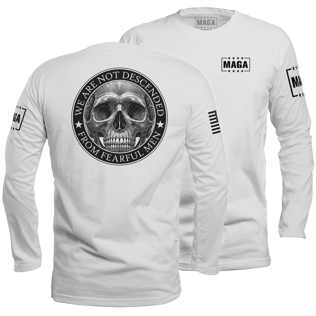 Mens Long Sleeve / White / S We are not Descended Skull maga trump