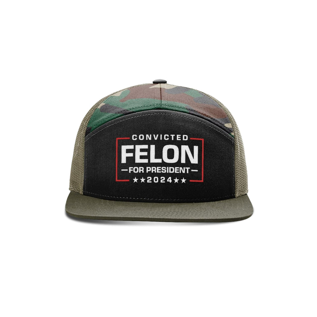 Seven-Panel Trucker Cap / Black/ Camo/ Loden Felon For President Seven Panel Hat maga trump