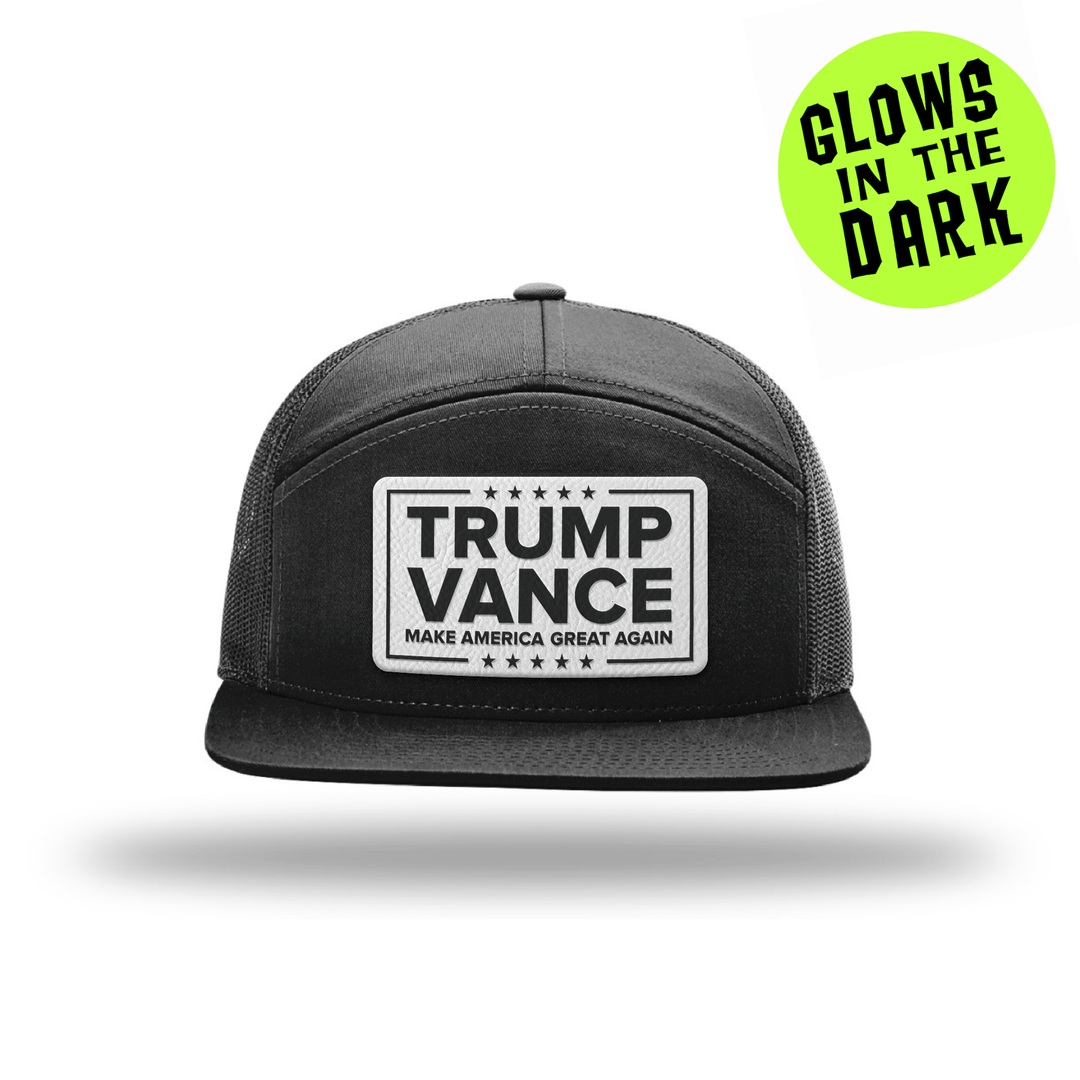 Seven-Panel Trucker Cap / Black Trump Vance GITD Leather Patch Hat maga trump