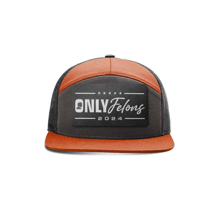 Seven-Panel Trucker Cap / Charcoal/ Burnt Orange/ Black Only Felons 2024 Seven Panel Hat maga trump