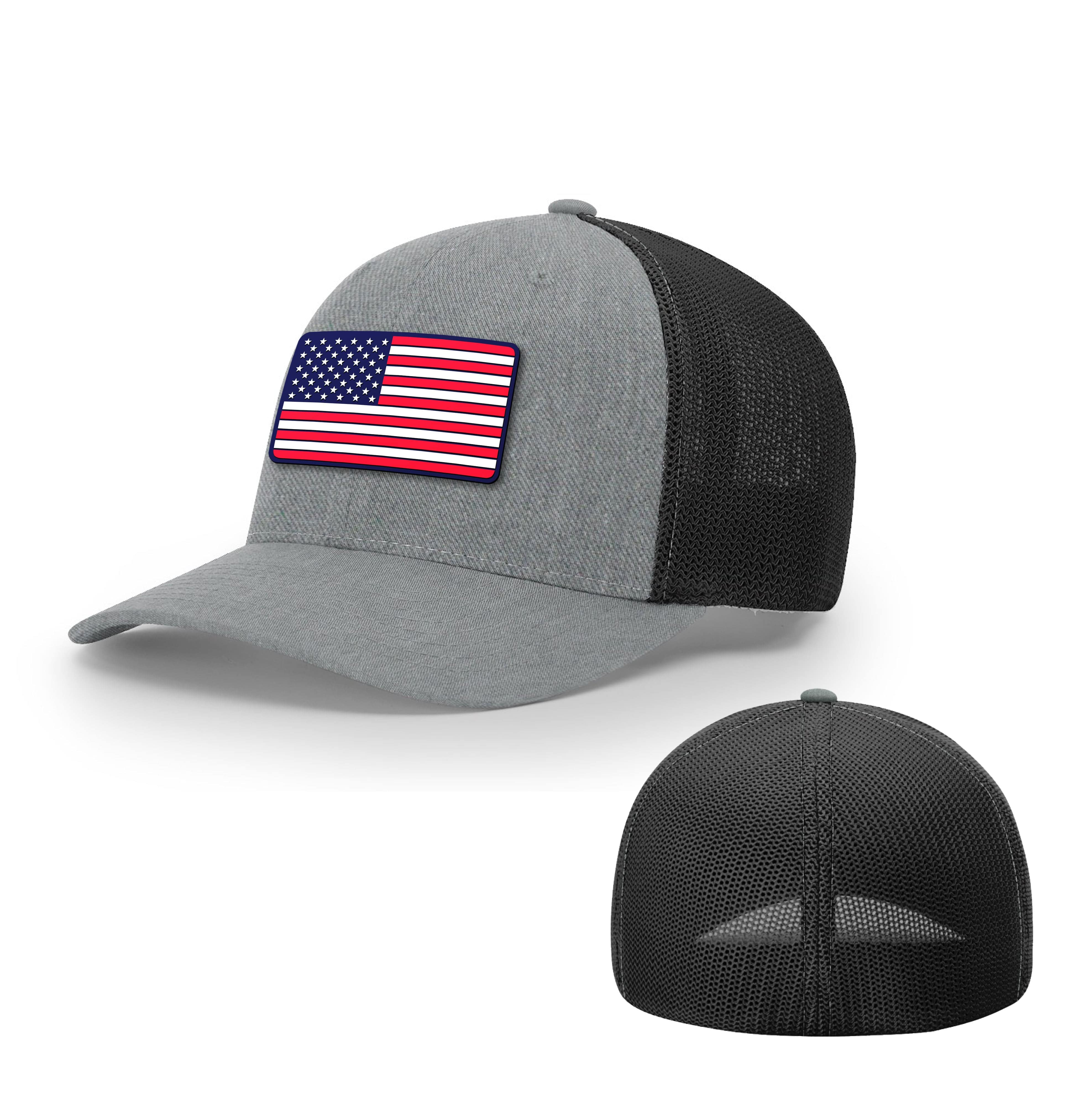 Trucker R-Flex / Heather Grey /Black / S/M USA FLAG PVC Flexfit Hat maga trump
