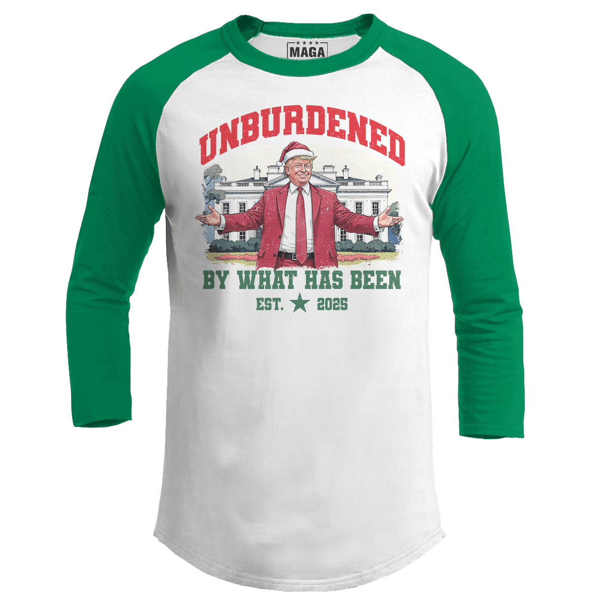 White/Green / S Unburdened by What Has Been - Christmas Raglan maga trump