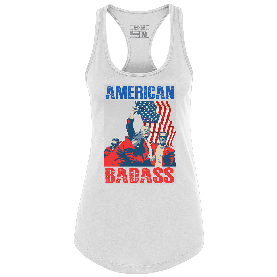 White / S American Badass Raceback Tank Top maga trump