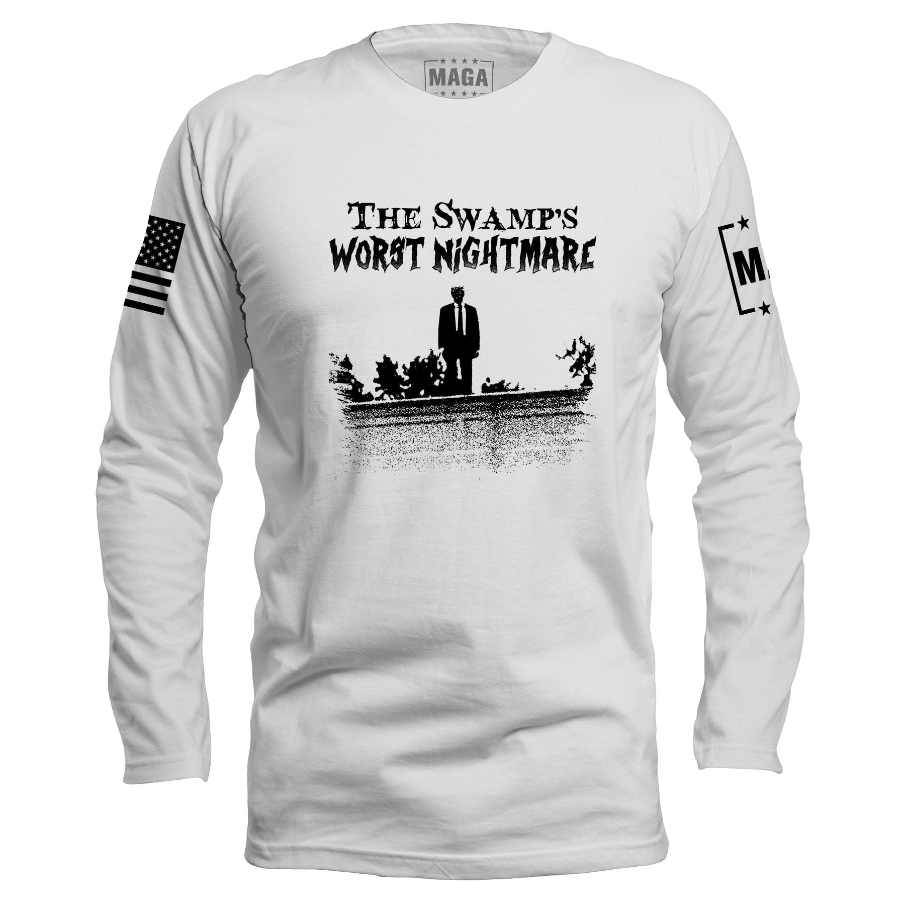 White / S The Swamps Nightmare Long Sleeve maga trump