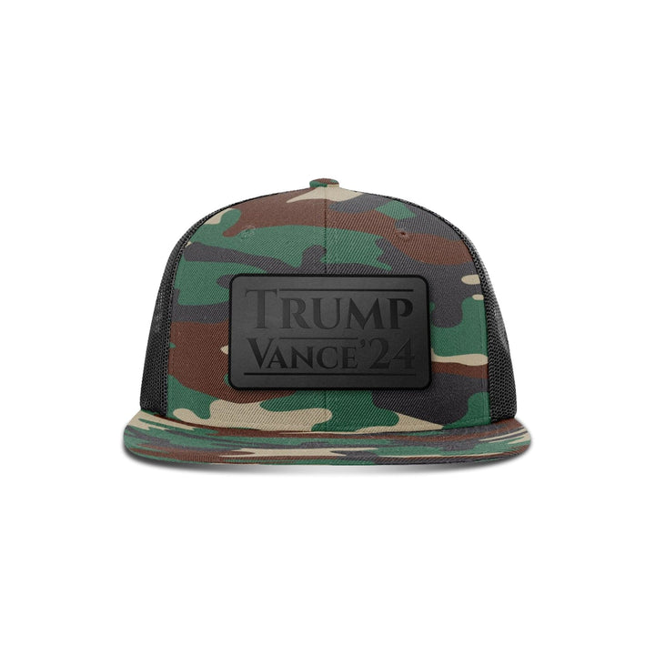 Wool blend flatbill trucker / Camo/ Black Trump Vance '24 Blackout Leather Patch Flat Bill Hat maga trump