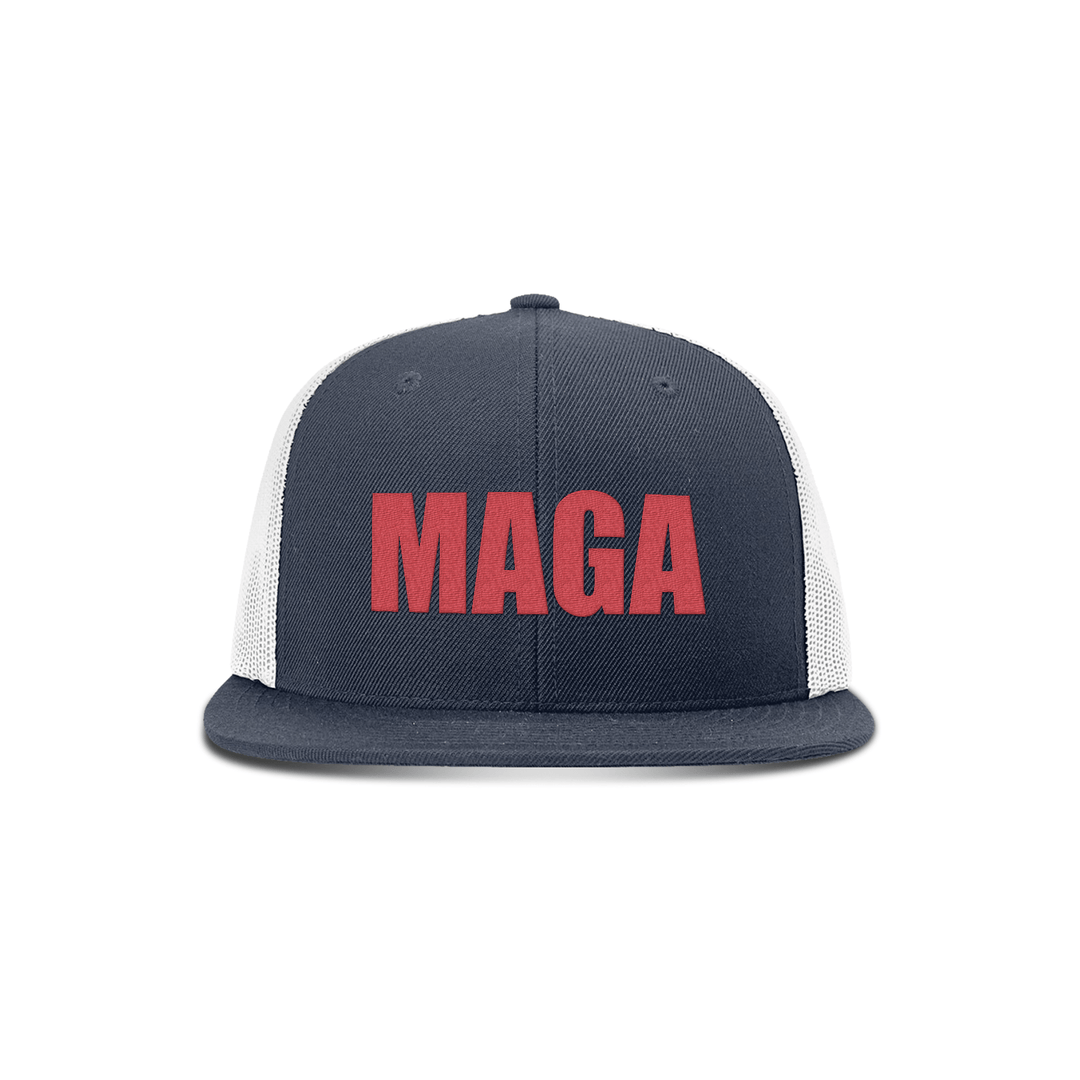 Wool blend flatbill trucker / Navy/ White MAGA Hat - Support Hurricane Helene Victims maga trump